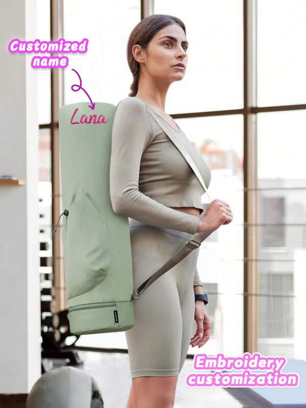 1pc Customized Text Embroidered Women's Solid Color Yoga Mat Bag With Water Bottle Pocket And Bottom Wet Pocket, Yoga Mat Strap, Multi-Function Storage Bag, Sports Bag, Fitness Bag, Suitable As Gift, Casual Daily Wear