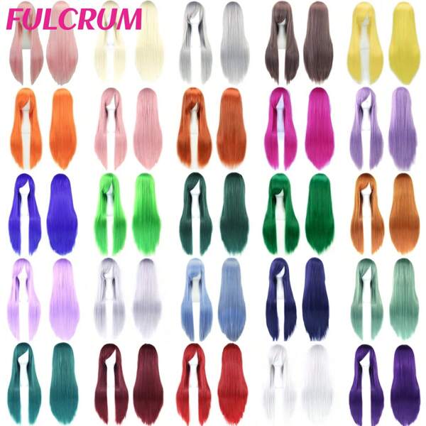 FULCRUM 24 Inch Pink Blue Green Black Anime Costume Long Straight Cosplay Wig Heat Resistant Synthetic Fibers Wig For Party Halloween Christmas