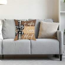 Funda de almohada decorativa de Pascua con diseño de conejo, huevo, lazo y letras para sofá o dormitorio - amarillo claro - Ver 4