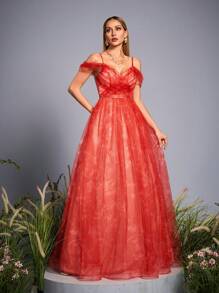 Mgiacy New Arrival V Neck Tank Romantic Bridesmaid Dress Printed Ruched Mesh Overlay Tutu Skirt - Red - View 2