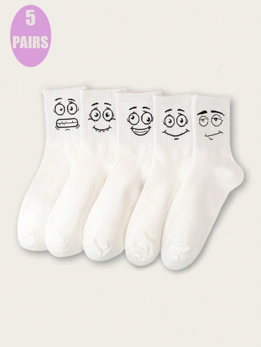 5 双女式白色趣味表情透气排汗休闲中筒袜 - 白色 - 查看 1