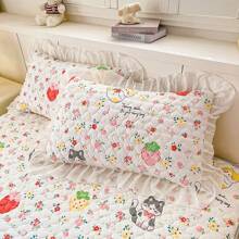2 pezzi di federe con motivo a fiori trapuntato, set di federe con volant floreali spessi, lavabili, adatti per uso domestico e in dormitorio in tutte le stagioni