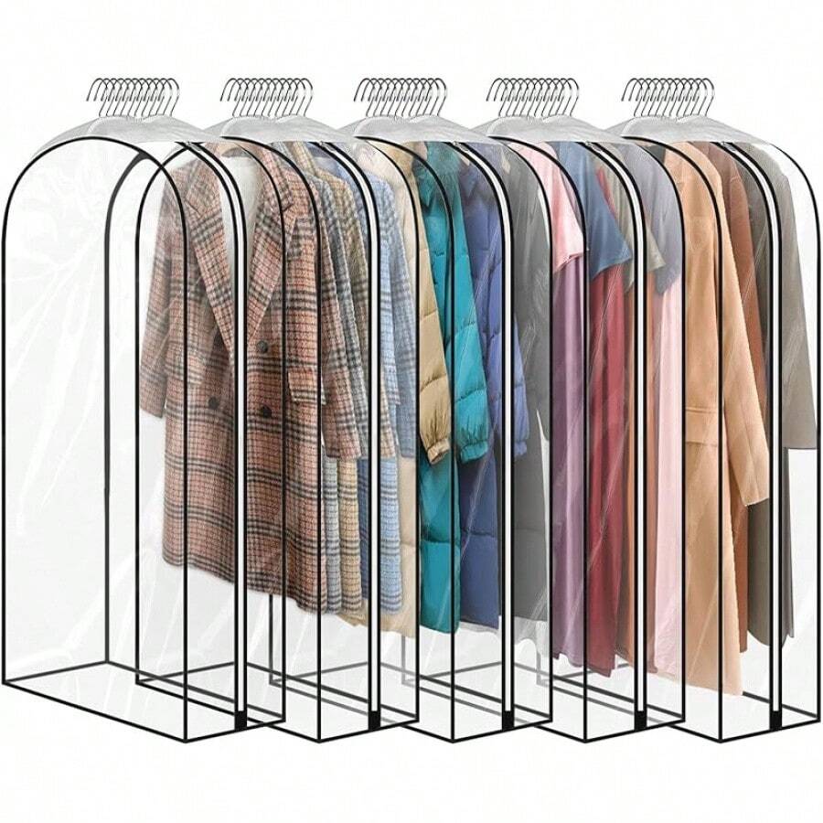 5 Pack 60" All Clear Garment Bags For Hanging Clothes Storage, 10" Gusseted Large Capacity Garment Rack Cover, Large Hanging Clothing Bag For Dress Gowns, Coats, Suit, Down Jacket - 5 Pack 60" - View 1