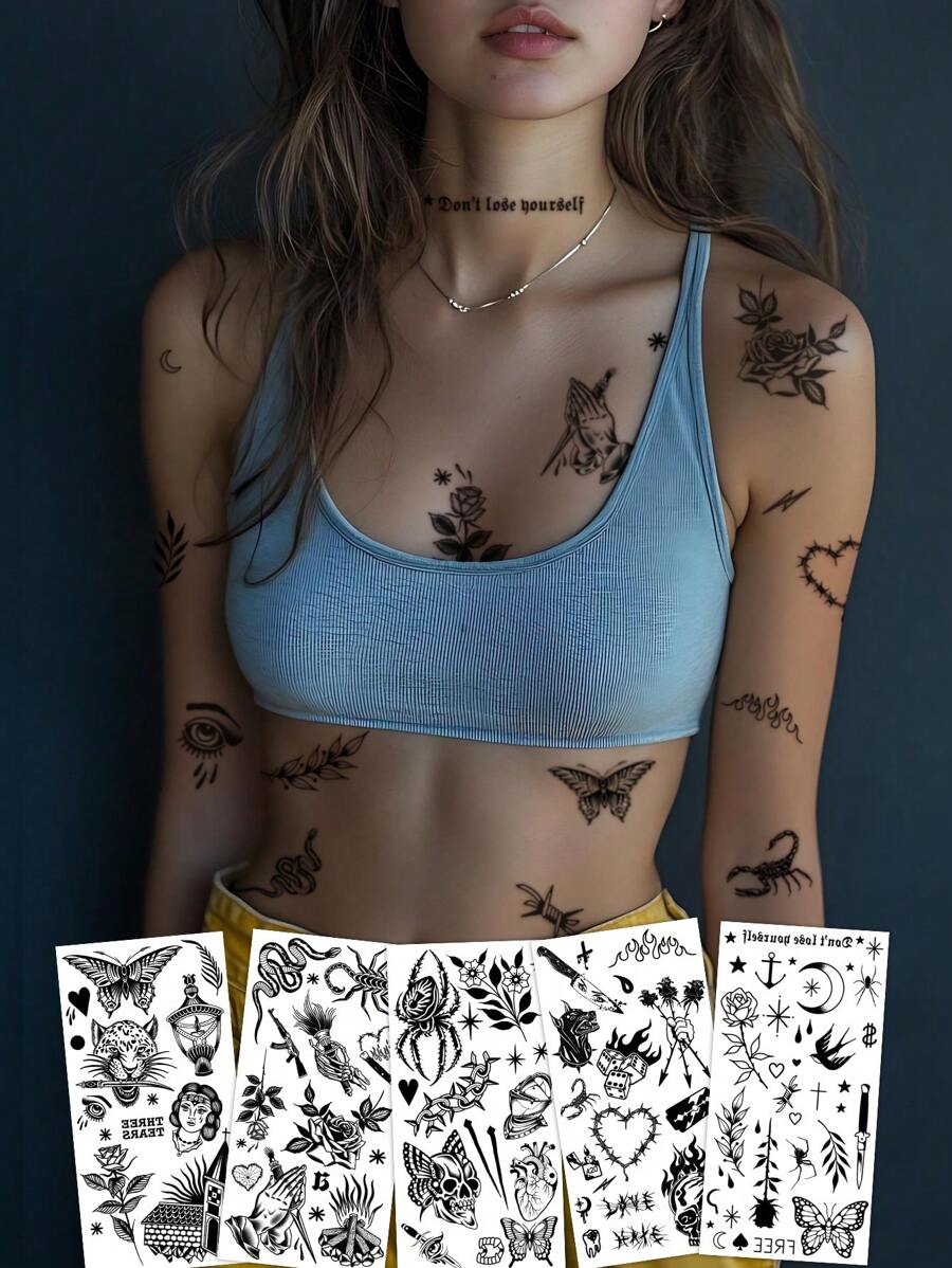 5 hình xăm tạm thời màu đen - Bọ cạp, Nhện, Mặt trăng, Chim én, Bướm, Mèo, Hoa, Chữ, Rắn cho Chân, Bàn chân, Xương đòn, Cổ - màu đen - Xem 1