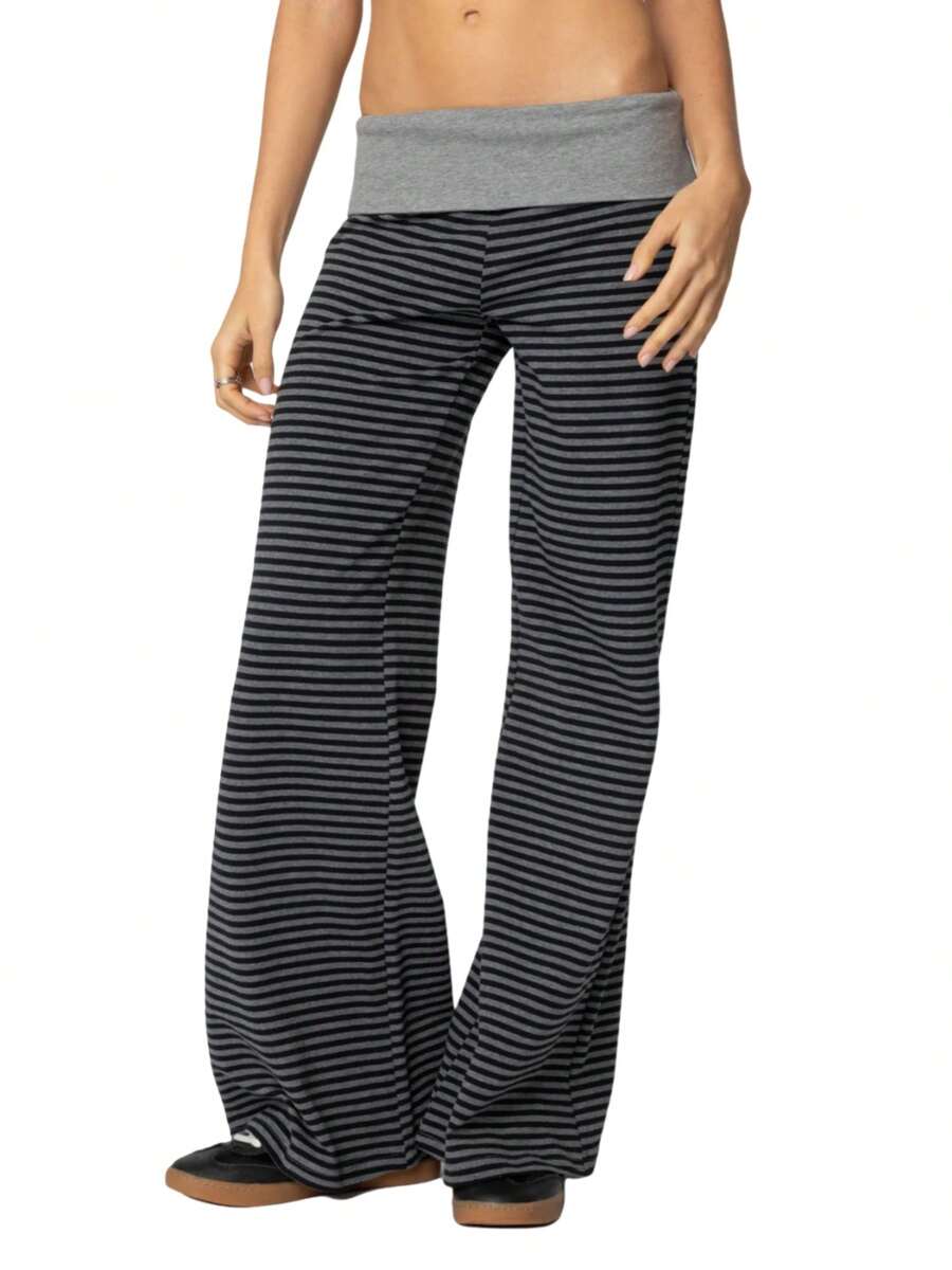 Women Y2k Palazzo Yoga Pants Fold Over Flare Leggings Low Rise Solid Color Stretch Casual Wide Leg Pants Comfy Lounge Pants Bootcut Bell Bottoms Baggy Sweatpants Streetwear - Black and White - View 1