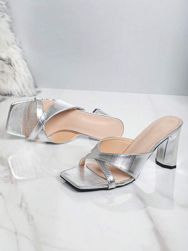 Fashionable Strap Chunky Heel Slip-On Sandals, Square Toe High Heels Open Toe Slides For Women, Summer