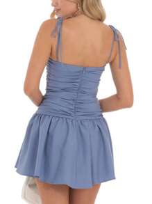 Women's Tie Strap Mini Dress Zipper Back Solid Color Sleeveless Backless Slim Ruched A-Line Dress Thankgiving - Blue - View 6