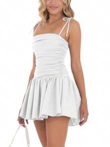 Women's Tie Strap Mini Dress Zipper Back Solid Color Sleeveless Backless Slim Ruched A-Line Dress Thankgiving - White - View 5