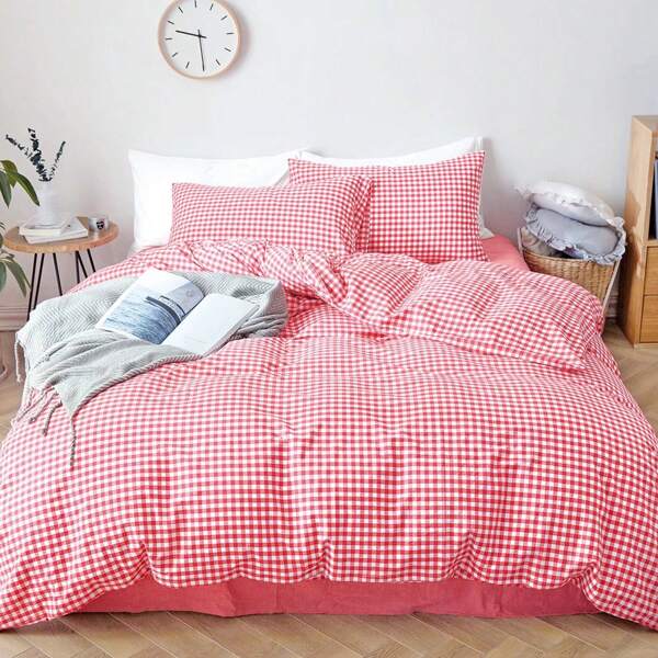 Set copripiumino in tartan rosa morbido da 3 pezzi (2 federe e 1 copripiumino)