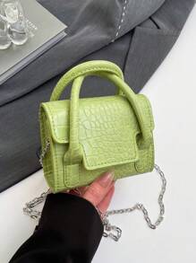 1pc Litchi Pattern Handbag Fashion Texture Shoulder Small Square Bag Stylish Solid Color Messenger Bag, Retro Small Bag Korean Fashion Shoulder Bag Casual Simple Messenger Bag, Chain Shoulder Strap, Pu Leather Fabric, Fashionable Handbag, Candy Color Solid Color Matching, Casual Simple Sweet Fresh And Simple Style, Suitable For Girls To Go Out Shopping, Daily Use - Crocodile Pattern Handbag - View 6