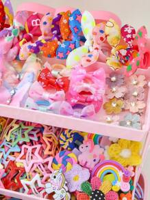 890pcs/Pack Kids Pink Heart & Bow Decor Hair Clips, Hairbands, Ponytail Holders, Hair Accessories, Everyday Use And Gift