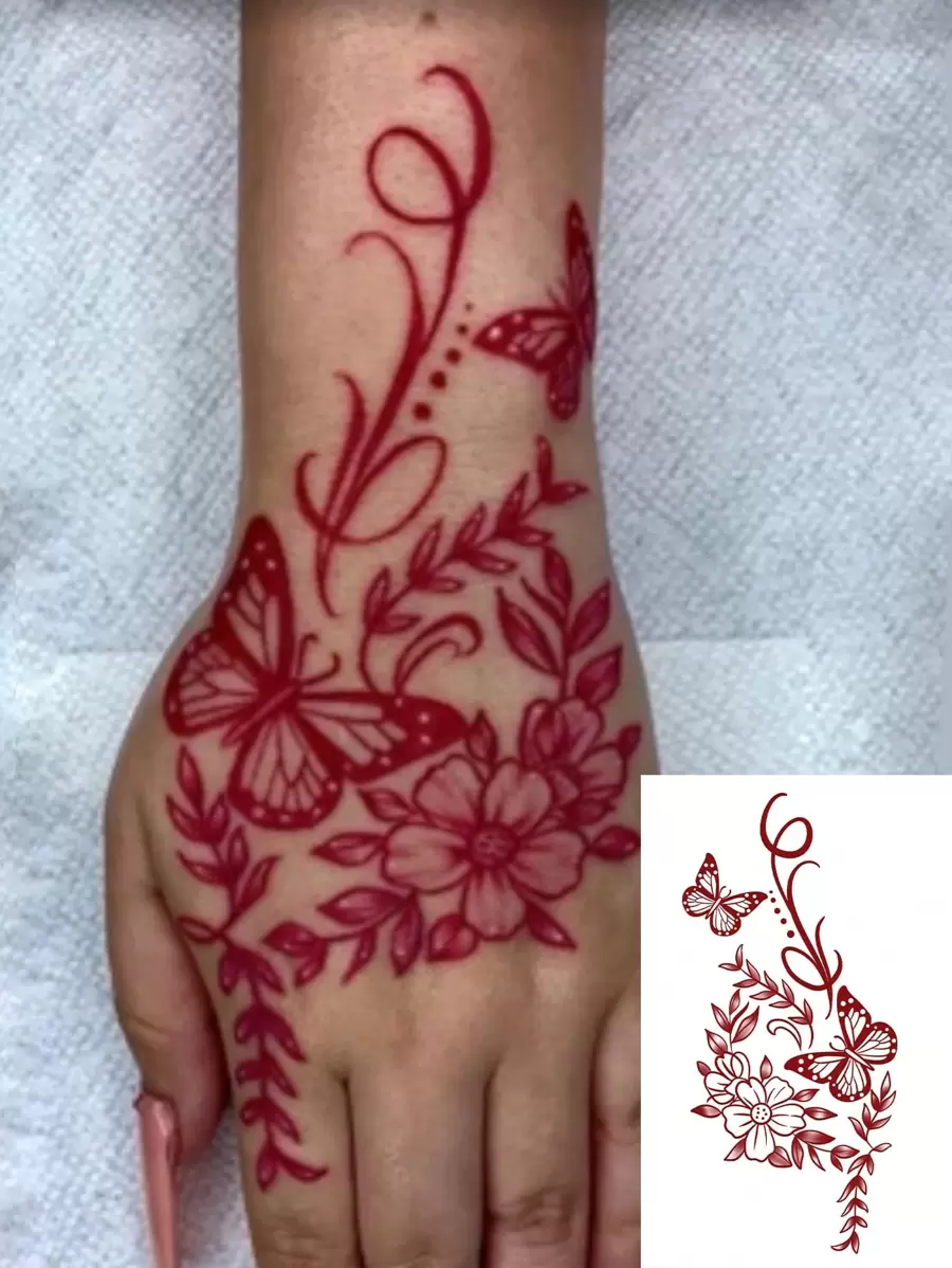 1pc Washable Temporary Tattoo Sheet, Red Butterfly & Floral Ink Painting Design, Suitable For Daily Use
