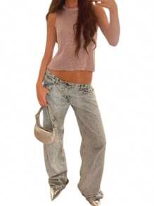 Womens Sequin Sheer Top Sparkle See Through Mesh Top Crewneck Crop Vest Summer Going Out Tank Tops Party Club Wear - Pink - View 2