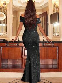 Elegant Off Shoulder Solid Color High Slit Ruffle Trim Sparkly Long Party Dress For Women, Valentine's Day Gift - Black - View 6