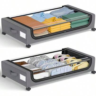 2-Pack Extra Large Under-Bed Storage Boxes With Wheels - Steel Frame, Dust Cover, Multi-Purpose Rectangular Storage Boxes For Storing Clothes, Blankets, And Other Under-Bed Items.