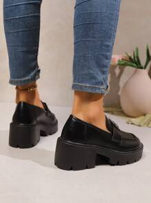 1 Pair Girls Campus Thick Sole Mary Jane Shoes, Fashion New Hook-And-Loop Design Metal Buckle Decoration, British Style Casual Loafers - Black - View 6