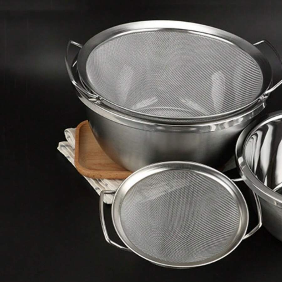 1 pieza Colador de arroz de malla densa con doble asa, filtro de pantalla, colador de doble asa, otros utensilios para barbacoa - Plateado - Ver 1