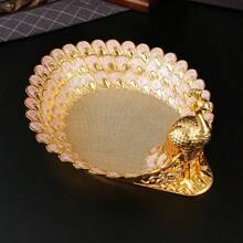 1pc Elegant European-Style Gold Peacock Feather Pattern Metal Serving Tray - Luxury Fruit, Salad And Dessert Service Tray, Ideal For Home, Kitchen And Dining Room Use