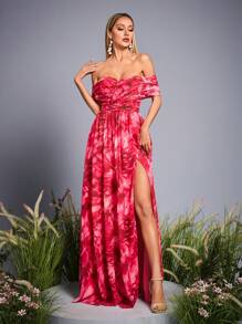 Mgiacy-Floral 新款法式露肩成熟伴娘礼服光环染色印花褶饰高开叉雪纺长裙 - 粉色 - 查看 1