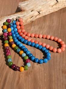 12mm Natural Stone Bead Necklace, Fashionable Dopamine Inspired Colorful Vintage Exaggerated Choker Necklace With Natural Crystal, Aquamarine, Peridot - Multicolor - View 3