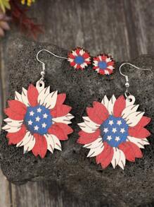 2 Pairs Vintage-Style American Independence Day Sunflower Print Blue & White Star Wood Stud Earrings