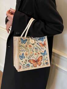 1PC 2025 NEW Butterfly Embroidery Linen Handbag,Khaki Colored Bag, Linen Button Decoration Handbag, Simple Large Capacity Handbag, Portable Casual Storage Handbag, Multi-Functional Shopping Bag, New Design, Large Capacity, Shopping Ideal, Shoulder Bag, Handbag, Lunch Bag, Lunch Box, Messenger Bag, Suitable For Women, Mother's Day Gift, Daily Use, Dating, Birthday, Holiday, Back To School, Summer, Vacation, Beach, Travel