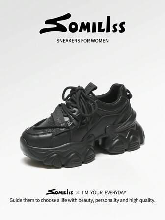 somiliss 1 双女式运动防滑休闲运动鞋，前系带超细纤维皮革舒适柔软跑步鞋，时尚 2025 春季新款百搭 6 厘米增高低帮户外步行鞋，黑色厚底