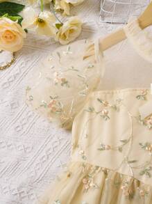 Girls Embroidered Flower Mesh Patchwork Puff Sleeve Round Neck Zipper Decorated Fashion Princess Dress, For Teens - Apricot - View 6