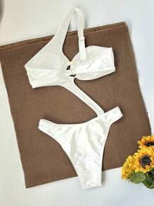 新款夏季女士时尚休闲性感白色镂空单肩沙滩度假派对连体泳衣 - 白色 - 查看 5