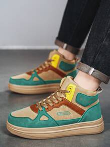 Męskie codzienne, kontrastowe, patchworkowe, nadrukowane litery z przodu, sznurowane, wysokie, płaskie trampki, modne, lekkie, sportowe buty na platformie zwiększające wysokość