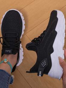 1 Pair Unisex Breathable Mesh Lace-Up Design Sneakers Suitable For Outdoor Sports, Teens, Summer - Black - View 5