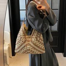 新款别致甜美编织纹理草编包，时尚 Ins 风格女士单肩包，纸绳包，波西米亚风，沙滩包，女士草编沙滩包，夏季编织沙滩手提包，单肩手提包 - 彩色 - 查看 4