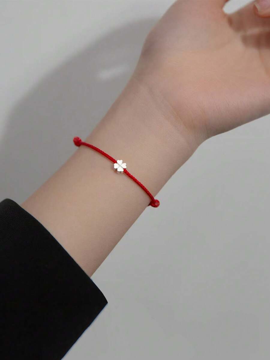 1pc Simple 925 Sterling Silver Clover Braided Red String Bracelet, Fresh & Chic, Luck, Holiday Gift, Suitable For Daily Wear - Silver - View 1