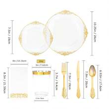 175 Pcs Transparent Gold Court Style Plastic Tableware Set, Suitable For 25 Guests, Including 25 Dinner Plates, 25 Dim Sum Plates, 75 Knives, Forks, Spoons, 25 Cups, 25 Napkins, . Very Suitable For Weddings And Parties - Transparent Gold - View 2