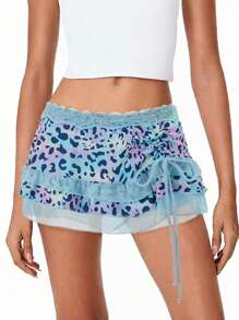 Women Y2k Lace Mini Skirts Summer Low Rise Leopard Print Lace Slip Skirt Contrast Ruffle Flowy Mesh Tiered Short Skirts Underskirt Layered Flowy Skirts - 藍色 - 查看 7