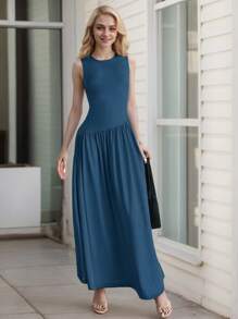 hoteel Chic Simple Design Sleeveless Tank A-Line Long Dress, Crew Neck Slim Top Wide Hem Waist Pleated, Woman Cothes - Màu xanh lam - Xem 1