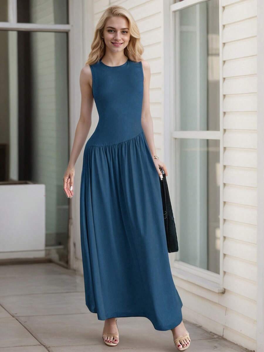 hoteel Chic Simple Design Sleeveless Tank A-Line Long Dress, Crew Neck Slim Top Wide Hem Waist Pleated, Woman Cothes - Màu xanh lam - Xem 1
