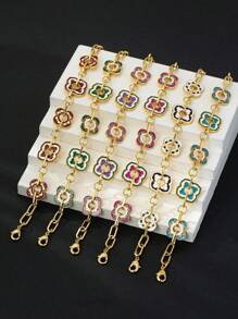 1 件手工制作铜镀珐琅五叶草彩色链条手链，新中式风格，轻巧奢华四叶草圆形吊饰可调节，适合女士日常佩戴、商务活动、宴会、送给朋友的礼物情人节、妈妈、母亲、母亲节、礼物 - 四葉草手鍊 - 查看 16