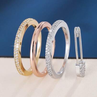 1 件时尚开口戒指装饰合成方晶锆石镶嵌女士可调节戒指，休闲礼物