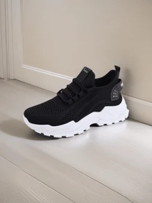 1 Pair Unisex Breathable Mesh Lace-Up Design Sneakers Suitable For Outdoor Sports, Teens, Summer - Black - View 6