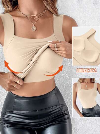 ChicMe Women Tank Top Built In Bra Pads Seamless Sleeveless Square Neck Camisole High Elastic Slim Fit Casual Basic Layering Shirt
