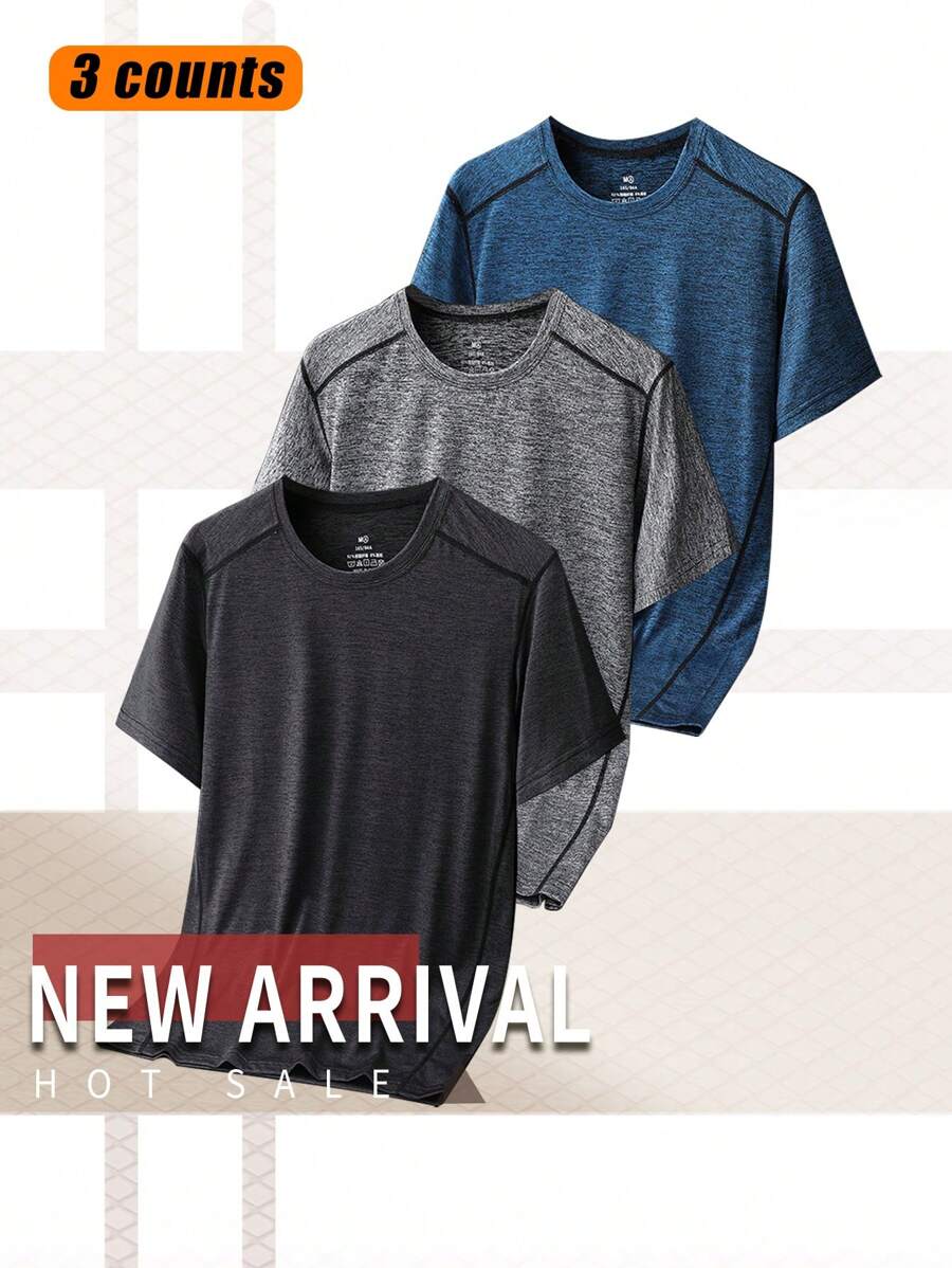 [Conjunto de Verano] 3 piezas de camisetas informales y deportivas para hombre, de manga corta, transpirables y elásticas