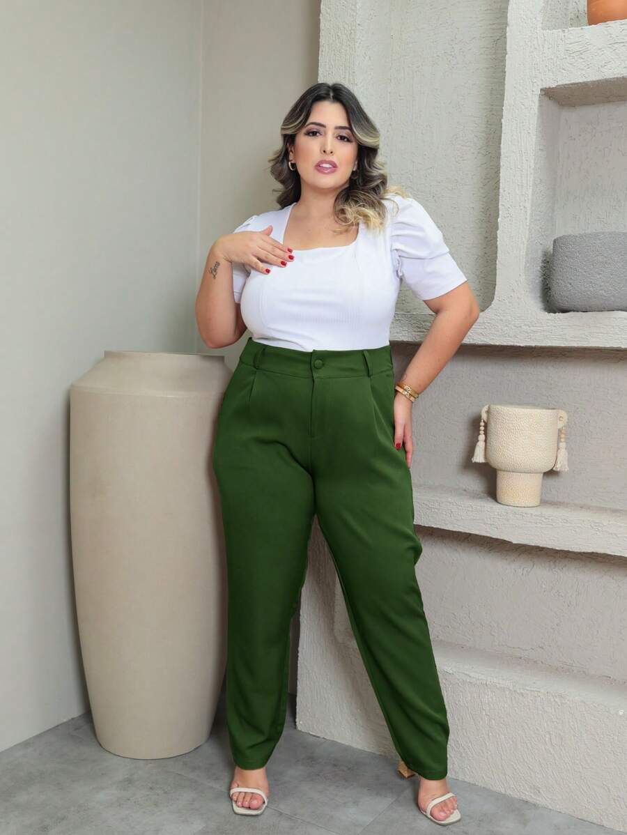 Plus Size Tailored Trousers With Button P To G3 - Army Green - View 1