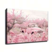 1 Pieza Encantador Póster de Lona de Camión Vintage Rosa y Jardín de Cerezas - Arte de Pared Pastel Suave con Marco de Madera Envuelto, Ideal para Decoración de Sala de Estar - Multicolor - Ver 3