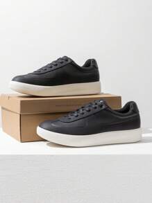 Men's Classic Textured Lace-Up Fashion Sneakers With Cushioned Support  Business Casual Shoes - 黑色 - 查看 1