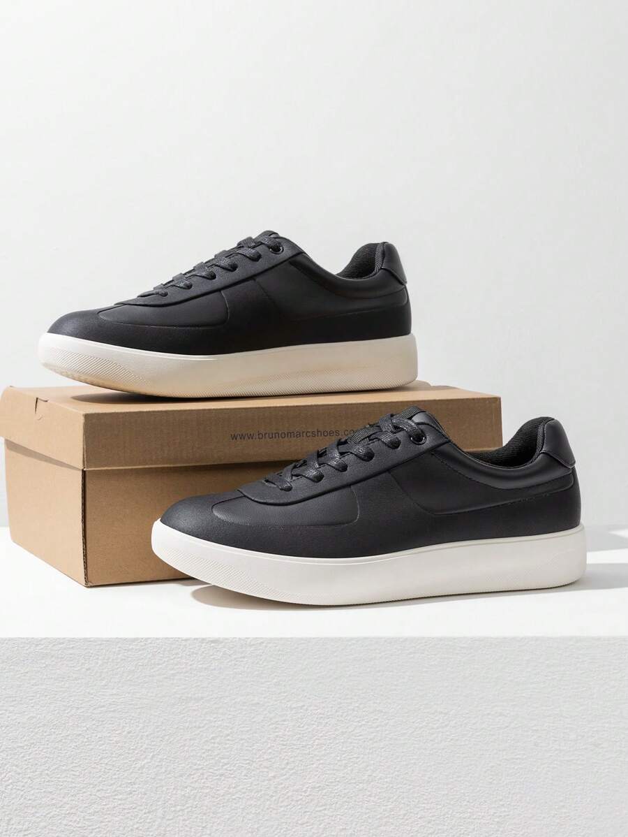 Men's Classic Textured Lace-Up Fashion Sneakers With Cushioned Support  Business Casual Shoes - 黑色 - 查看 1