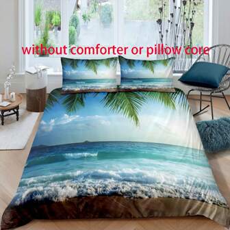 3-Piece Beach, Ocean, Sky, Hawaii Palm Leaf Landscape Print Duvet Cover Set, Soft & Breathable Fabric, Machine Washable, Suitable For All Seasons, (1 Duvet Cover + 2 Pillow Shams, No Filling), Ideal For Bedroom And Guest Room Bedding Decor
