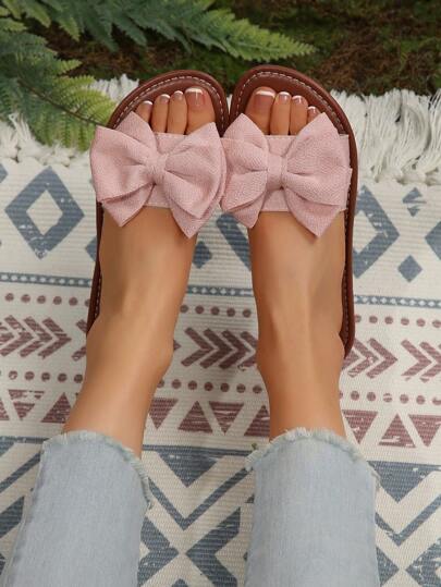 Plus Size Women's Round Toe Bow Decor Sandals, Fashion Casual Beach Summer, Handmade Bow Slippers, Anti-Slip Sole, Open Toe, Bow Design Suitable For Valentine's Day