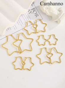 5 Pairs Minimalist Stainless Steel Pentagon Star Hoop Earrings, Suitable For Men And Women - Gold - View 4