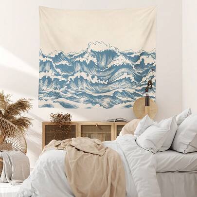 1 件蓝色波浪印花家居装饰卧室壁挂挂毯